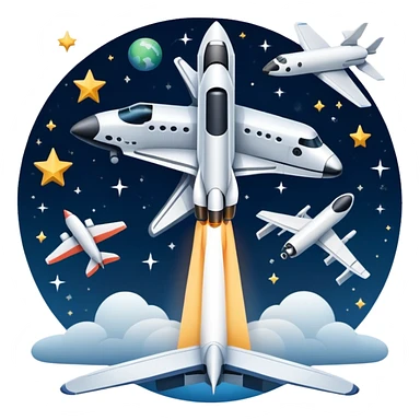 An icon featuring a space shuttle, a drone, and an airplane against a starry sky, symbolizing aerospace technology. The design includes rocket boosters and satellite orbits, representing the exploration of space and advanced aviation. Transparent background sticker