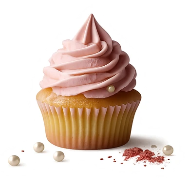 Remove the background, keep only the realistic cupcake with pink icing and accessories, preserve photorealistic style, transparent background. sticker