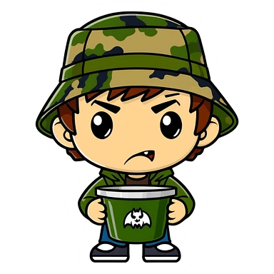 Vampire with brown hair and green eyes earring a camo bucket hat  sticker