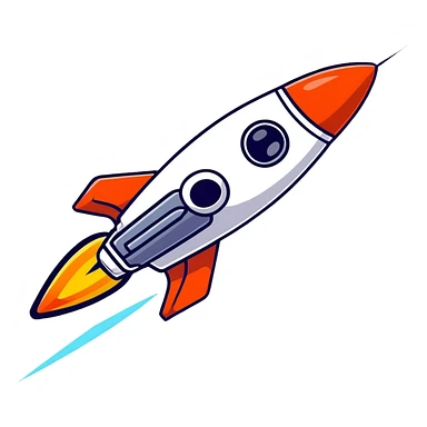Space rocket, three-dimensional, in a cartoon style, on a white background, bright colors, with a perspective composition, high saturation, prominent details, floating effect, lively atmosphere sticker