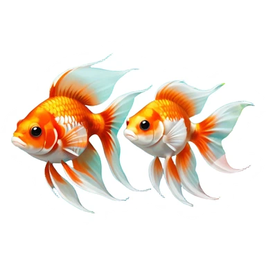 Large aquarium fish like veil tails and lionhead goldfish swimming gracefully in a beautifully decorated aquarium. Colorful aquatic plants, smooth rocks, and gentle bubbles surround the fish. The water shimmers in sunlight, creating a peaceful and vibrant underwater scene. Transparent background. sticker