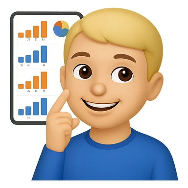 Person thinking with graphs in the background, smiling, in apple emoji style with a green background. sticker