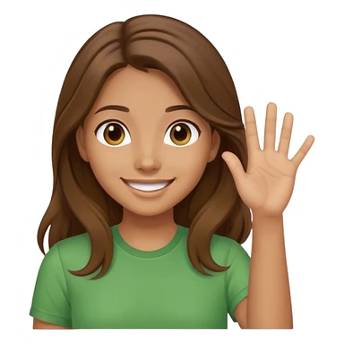 smiling girl with long brown hair, middle hair part, waving, green shirt sticker