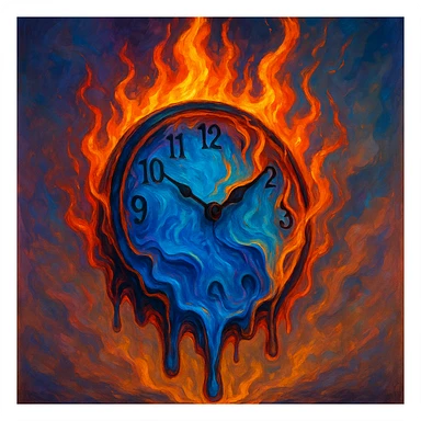 burning clock with flames, time melting, surreal style, vibrant colors sticker