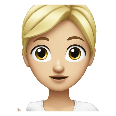 White girl, blonde, with blue eyes, rubs her head whith hands on which there are onion sprouts sticker