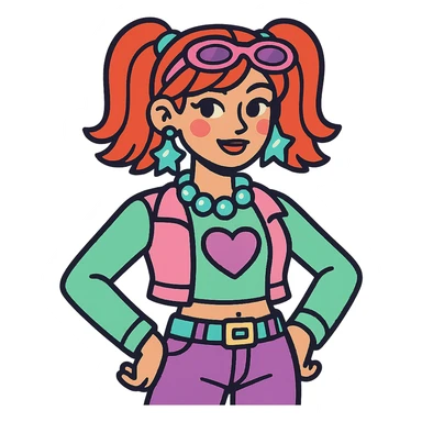 Y2K style girl with red hair, shiny accessories, pastel colors sticker