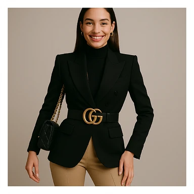 Make the woman smile while keeping her high-fashion look. Maintain thin eyebrows, straight dark hair, big lips, and a shapely figure. Preserve the overall elegance and style of the image. sticker