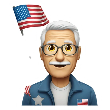 brwon haired older man holding small american flag SENSOS written on wall behind him sticker