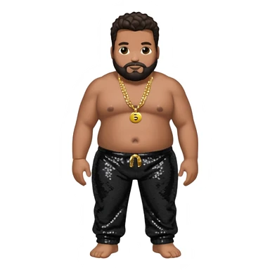Fatman Scoop with dark brown hair, black sequin baggy pants, shirtless with necklace sticker