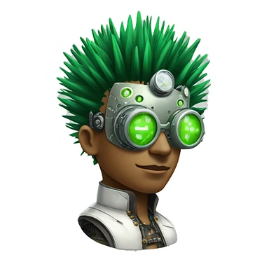 Green Mohawk hair male cyborg head with white steampunk goggles and circuits sticker