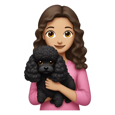 Brunette long hair girl , in pink top holding a black toy poodle sticker