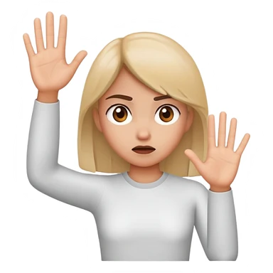 girl looking annoyed, palm raised to signal stop sticker