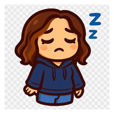 Sticker style chibi emote of the woman from the reference images, wearing a blue hoodie and jeans, sleepy with Zzz, no headband, no sparkles, no wand, transparent background. sticker