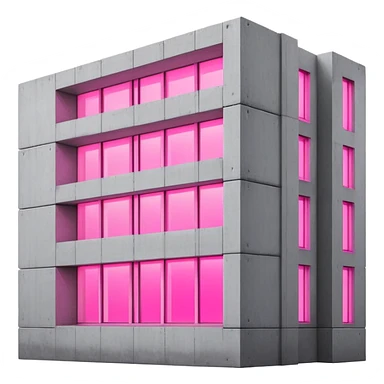 Minimalist Russian-style gray concrete panel building with one window glowing bright pink from grow lights inside, simple rectangular structure with brutalist architecture sticker