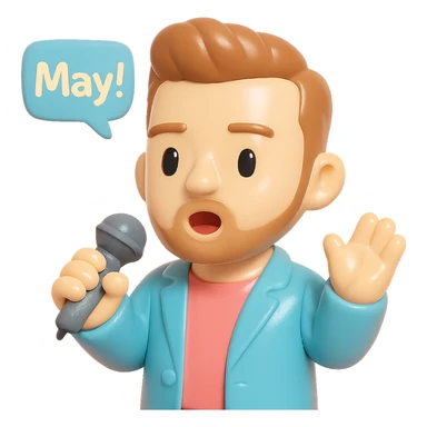 vinyl figure style Justin Timberlake with microphone, saying 'May!', realistic face, glossy finish sticker