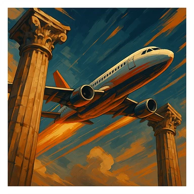 a stylized airplane speeding between two ancient stone columns, dynamic angle sticker