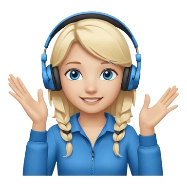 girl with blonde hair and blue eys, having on ears heaphones, with heands telling what  sticker
