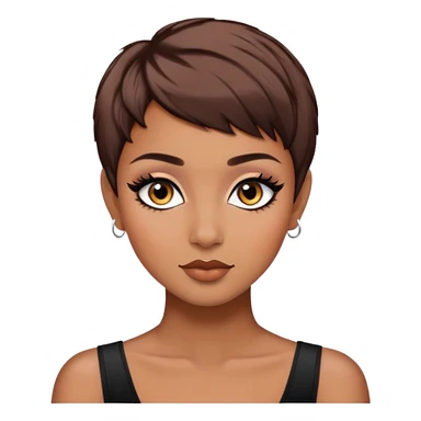 pixie cut, brown hair baddie,pretty, brown eyes, makeup, black eyeliner, long hair sticker