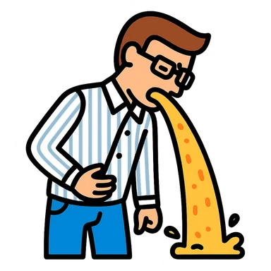 male teacher with brown hair, wearing blue jeans and a striped buttondown shirt, throwing up, color outline icon style sticker