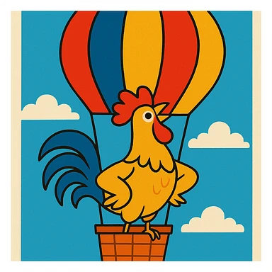 a proud rooster in a hot air balloon, playful style, vibrant toon illustration sticker