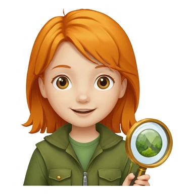braid orange haired girl kid in moss green explorer outfit, holding magnifying glass, smile sticker