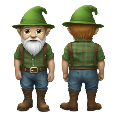 
Full-length gnome, young, with a blue woolen hat, brown boots and a green plaid shirt. The body should be cartoonish and not realistic. sticker