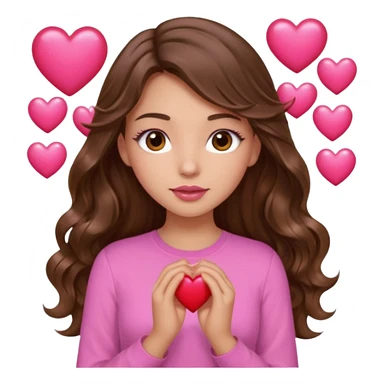 girl with long wavy brown hair, brown eyes, light to medium complexion, in a pink shirt, pink lips, long lashes, many  hearts in hand sticker