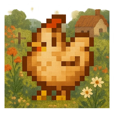 Using a transparent background, re-imagine this pixelated chicken in a cottage core setting sticker