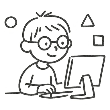 minimalist child programmer, abstract shapes, sitting at computer sticker