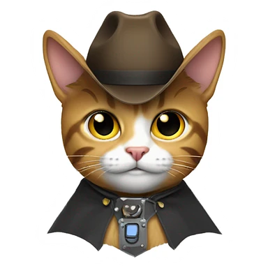 cat robot wearing "S" cape and a cowboy hat sticker