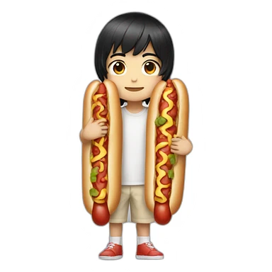 shoulder length black hair chibi boy wearing hotdog costume sticker