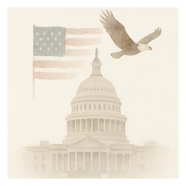 the US Capitol building, US flag in the background, eagle flying, painterly illustration style sticker