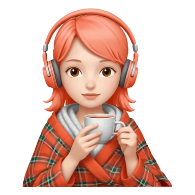 Девушка в пледе кораллового цвета пьет чай и на ней наушники sticker