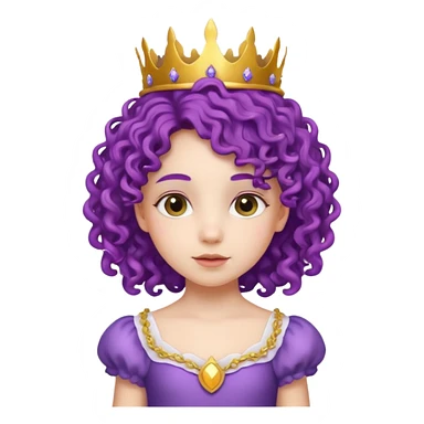 Princesses kid girl, with Gold Crown and flower on purple curly hair, with white dress sticker