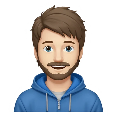 25 year old man, short scruffy beard and thin moustache, brown puffy mullet, blue eyes, big smile, white teeth, big lips, pronounced jaw, hair longer in back, sticking up on top, thin face, grey hooded sweatshirt, pale skin, big smile, blue eyes, puffy hair sticker