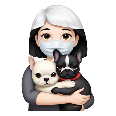 girl with short black straight hair and wearing a white mask and hugging a black French bulldog sticker