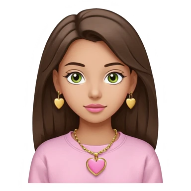 Create a teen girl wearing a light pink sweatshirt. She will have brunette hair, tan skin, pink lips, and grey-green eyes. She has long eyelashes. She is wearing gold stud earrings and a gold necklace with a heart-shaped pendant. sticker