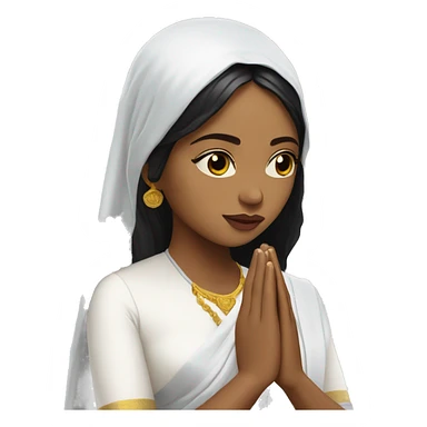 Light skin ;Black long hair wearing white saree praying infront a white temple sticker