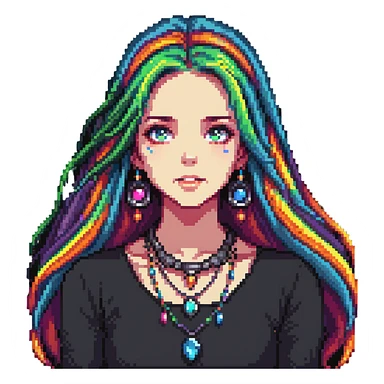 Beautiful girl with metal jewelry, colorful, long hair, dreamy expression sticker