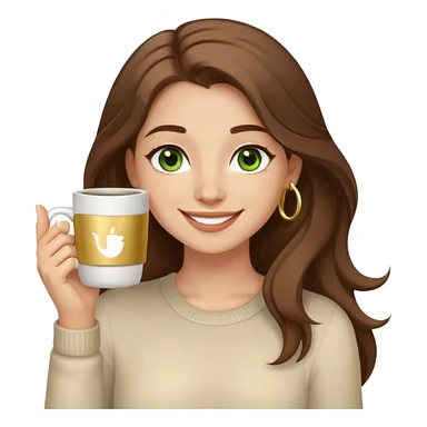 Long, Brown haired girl with middle hair part, green eyes, gold hoop nose ring, smiling, waving with one hand, coffee mug in the other sticker