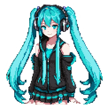 Hatsune Miku with teal twin tails, headphones, and signature outfit sticker