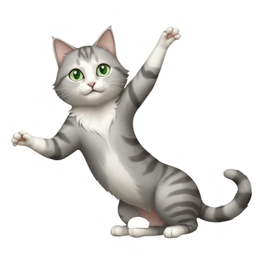 grey and white cat with green eyes doing a big extremely long stretch reaching up into the air with arms and legs side by side together straight and overextended whilst lying on its side sticker