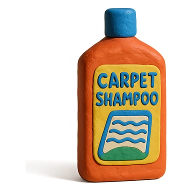 carpet shampoo bottle with blue cap and colorful label, soft lighting, claymation style sticker