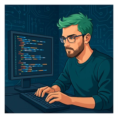 male software developer with green hair, coding on a desktop, techy background sticker