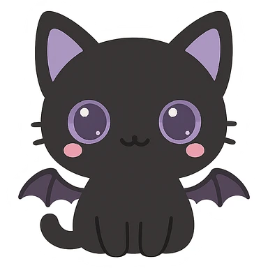 kawaii style gothic cat, cute face, black fur, purple eyes, tiny bat wings, playful and mysterious sticker
