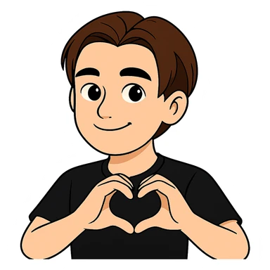 Edit the image of the boy to show him making a heart shape with both hands, smiling, wearing a black shirt. Keep the face and style as in the original image. sticker