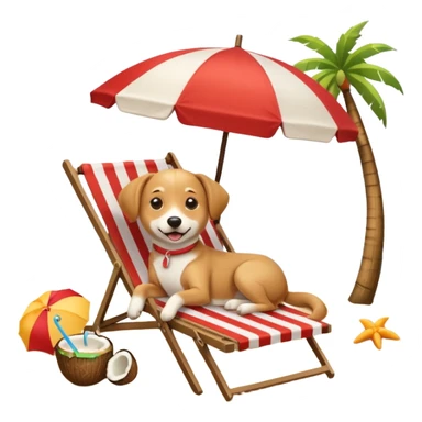 a dog laied on a beach chair, a sunny beach, a sun umbrella, and beach coconut trees. the icon should capture the essence of a relaxing beach vacation with a carefree atmosphere sticker
