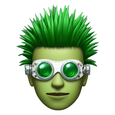 Green Mohawk hair male cyborg head with white steampunk goggles and circuits sticker