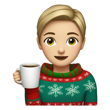 Light brown short haired girl with green eyes drinking coffee wearing blue Christmas sweater sticker