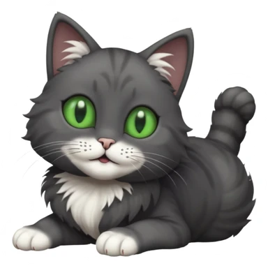 solid dark grey cat with green eyes, fully grey face, white toes/paws playfully rolling upside down sticker